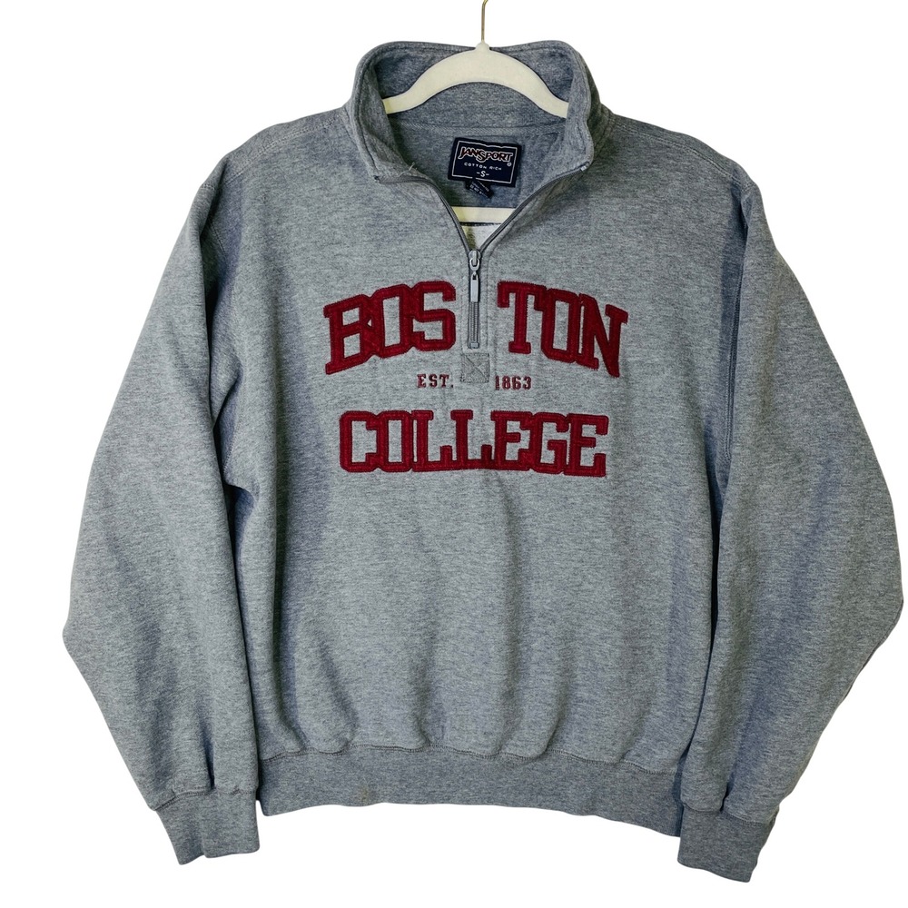 Jansport Boston College Quarter Zip Sweatshirt Gray Embroidered Pullover Small